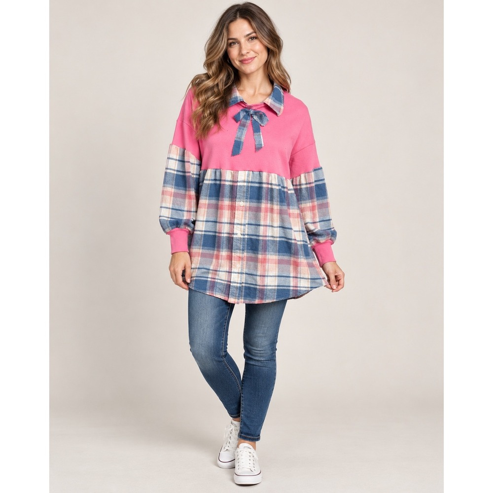 Upcycled One of a Kind Pink Sweatshirt Plaid Flannel Babydoll Top